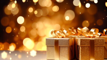 Gold gift boxes against the elegance of bokeh, banner with empty space for text. Generative AI