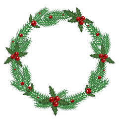 Fototapeta na wymiar Christmas wreath made of spruce branches and holly, isolated on a white background.Vector illustration for postcards,banners, holiday designs.