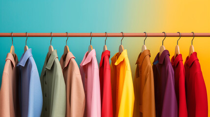 hanging in rows of brightly colored clothes sewn for the fall or winter season, Generative AI