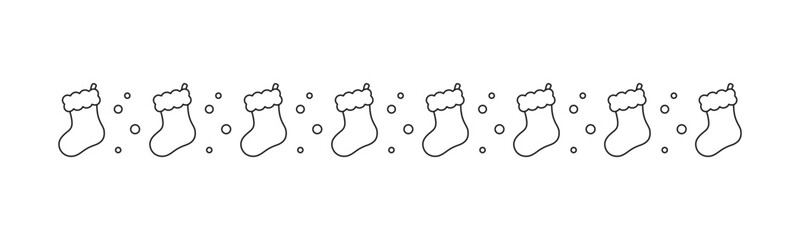 Christmas themed decorative border and text divider, Christmas Stocking Pattern Outline Doodle. Vector Illustration.