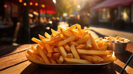 French fries on a wooden table in a cafe. Selective focus.