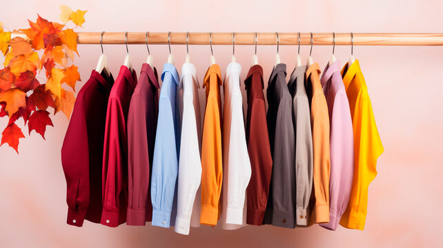 hanging in rows of brightly colored clothes sewn for the fall or winter season, Generative AI