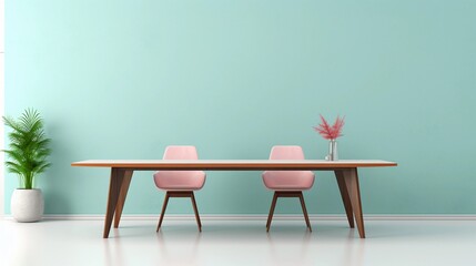 modern futuristic dining table with space for text and clean pastel wall background, background image, AI generated