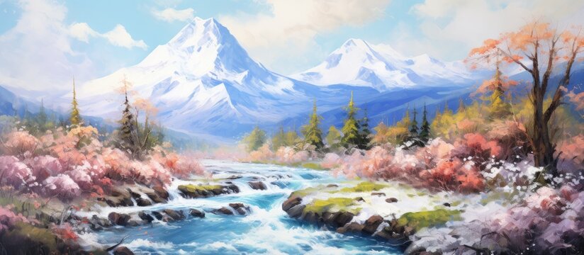 Contemporary impressionistic painting of a stunning spring scenery with forest snowy mountains and river on canvas