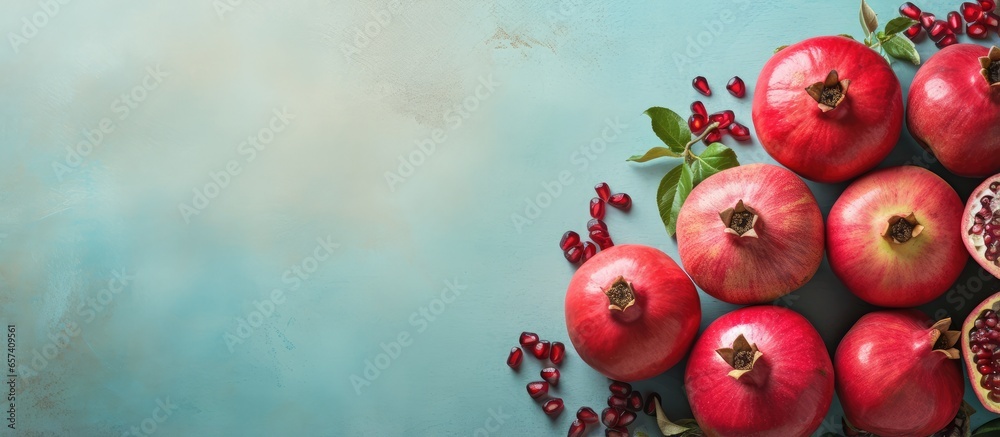 Poster pomegranates on isolated pastel background copy space ready for text