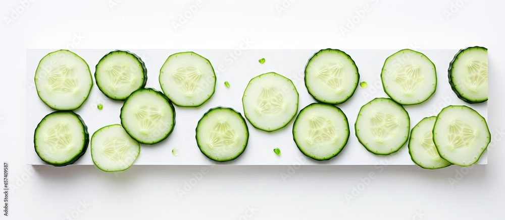 Poster Slices of cucumber on isolated pastel background Copy space