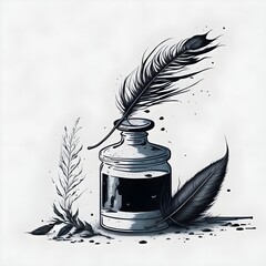 feather and ink illustration,  Keywords (25)	 feather, pen, ink, quill, writing, inkwell, bird, vector, old, black, drawing, write, bottle, vintage, Ai generated 
