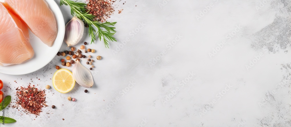 Poster top view of a spiced raw chicken fillet on a light grey stone background in a long banner format iso