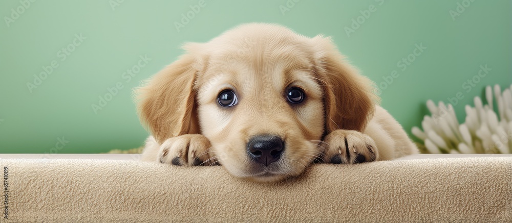 Poster tiny adorable golden retriever puppy isolated pastel background copy space carpet separate isolated 