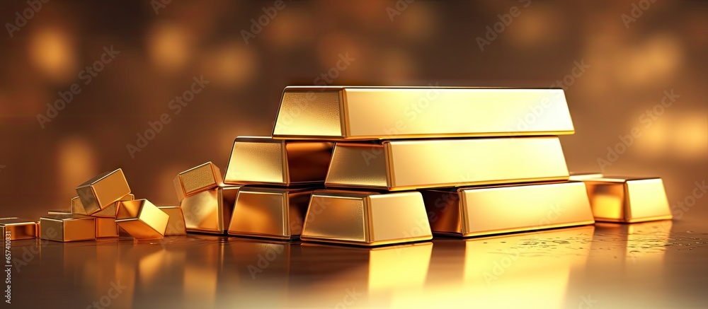 Poster Shiny gold bars stacked up with light reflection isolated on a isolated pastel background Copy space