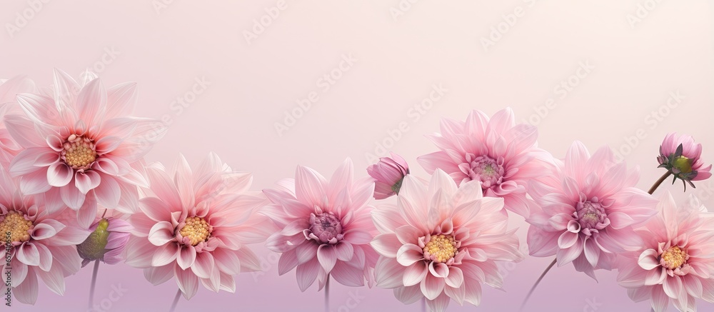 Poster top view of isolated dahlia pinnata cav flowers on a isolated pastel background copy space with a cl