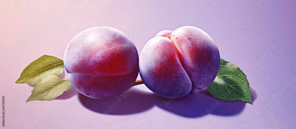 Poster plums with sliced plums on a isolated pastel background copy space