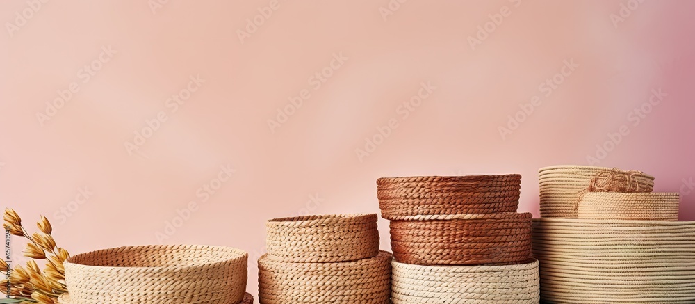 Poster Set of handmade wicker baskets of varying sizes isolated pastel background Copy space