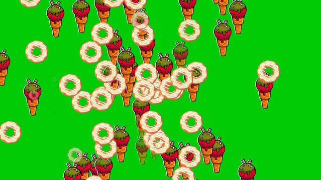 Ice cream and donut falling on green screen, Animation loop video food cartoon ice cream and donut, remove green background 