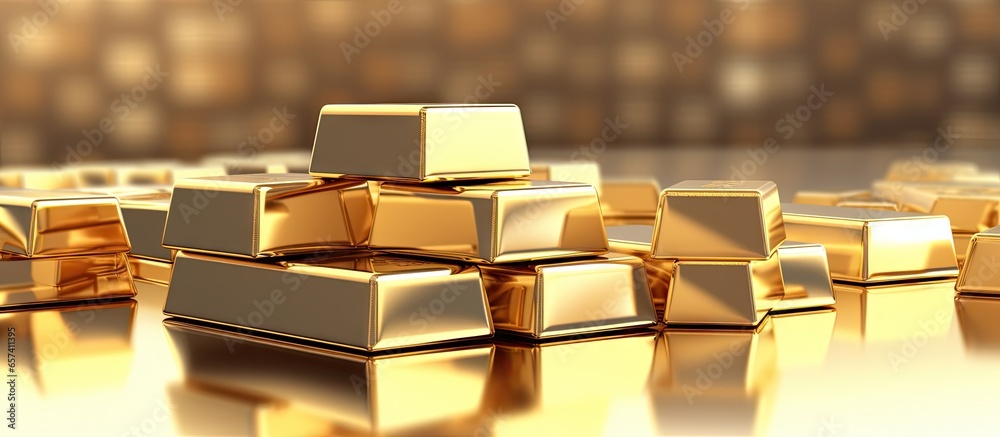 Poster Shiny gold bars stacked up with light reflection isolated on a isolated pastel background Copy space