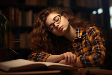  Female student bored sleepy, stressed girl in class - obrazy, fototapety, plakaty
