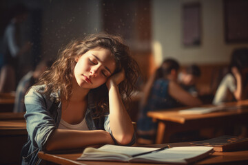  Female student bored sleepy, stressed girl in class