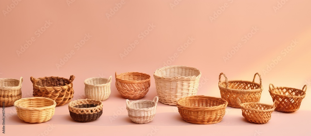 Aufkleber Set of handmade wicker baskets of varying sizes isolated pastel background Copy space