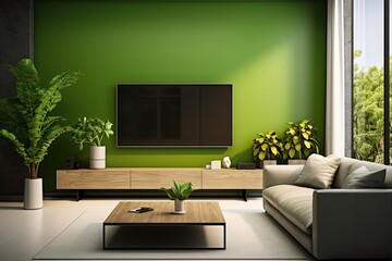Modern TV cabinet on a plain green wall in the living room - obrazy, fototapety, plakaty