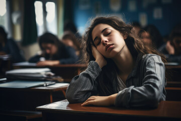  Female student bored sleepy, stressed girl in class