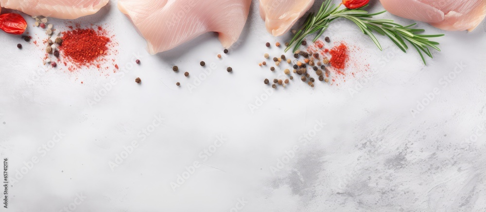 Poster top view of a spiced raw chicken fillet on a light grey stone background in a long banner format iso