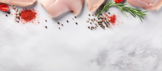 Top view of a spiced raw chicken fillet on a light grey stone background in a long banner format isolated pastel background Copy space