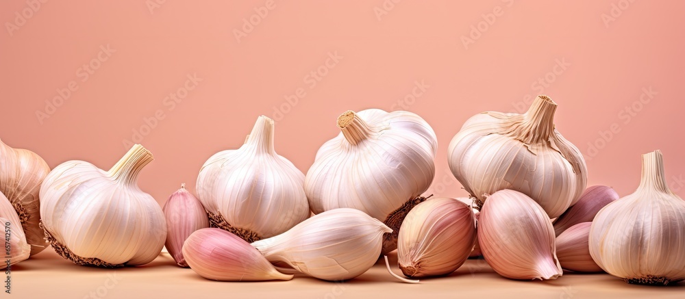 Aufkleber Raw garlic cloves isolated on a isolated pastel background Copy space with clipping path