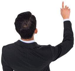 Digital png photo of back of biracial businessman pointing on transparent background