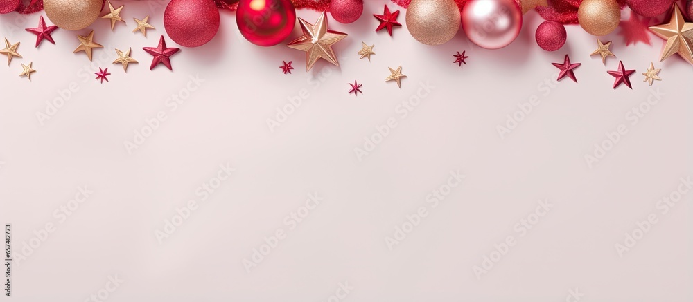 Aufkleber red christmas decorations on a isolated pastel background copy space viewed from above with empty sp