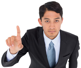 Digital png photo of biracial businessman pointing on transparent background