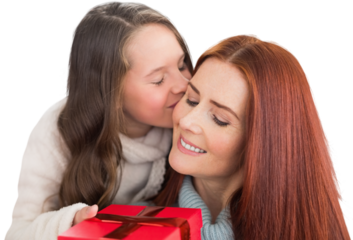 Digital png photo of caucasian mother and daughter with present on transparent background