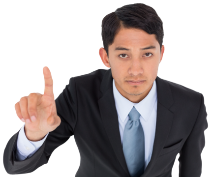 Digital png photo of biracial businessman pointing on transparent background - Powered by Adobe