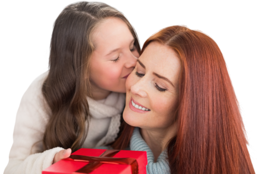 Digital png photo of caucasian mother and daughter with present on transparent background