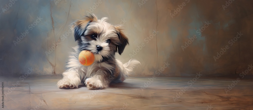 Poster puppy and toy playing isolated pastel background copy space