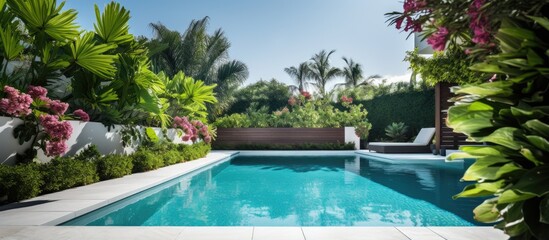 Fototapeta na wymiar Pool area garden plants stone wall backyard house style design beach house swimming pool