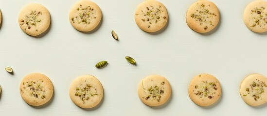 Pistachio cookies isolated on a isolated pastel background Copy space