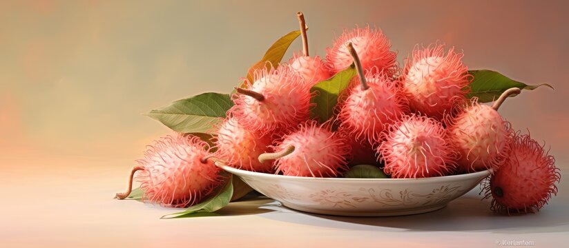 Rambutan design on plate isolated pastel background Copy space