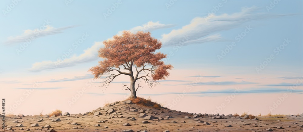 Poster the tree on the dark soil mound isolated pastel background copy space