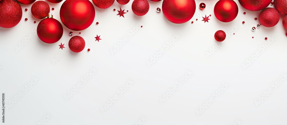 Aufkleber red christmas decorations on a isolated pastel background copy space viewed from above with empty sp