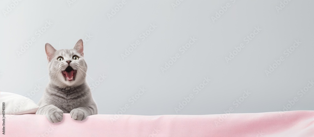 Poster tomcat perched on the mattress isolated pastel background copy space