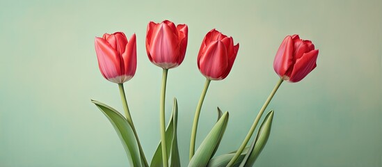 Obraz premium Three red tulips against isolated pastel background Copy space