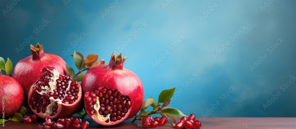 Poster pomegranates on isolated pastel background copy space ready for text