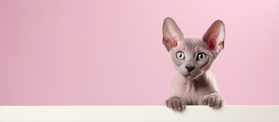 Obraz premium Sphinx breed cat hairless kitten isolated pastel background Copy space wide horizontal design for text