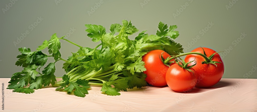 Poster tomatoes and parsley isolated on a isolated pastel background copy space as still life