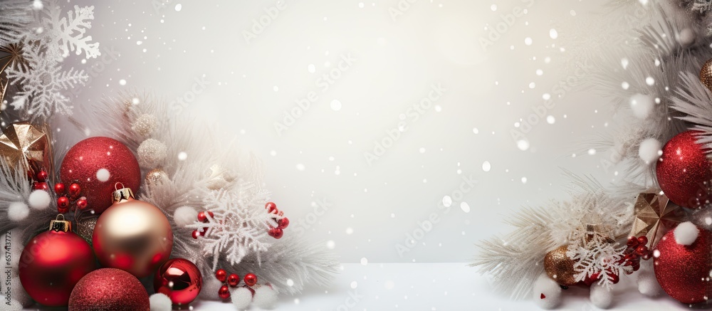 Poster Red Christmas decorations on a isolated pastel background Copy space viewed from above with empty space