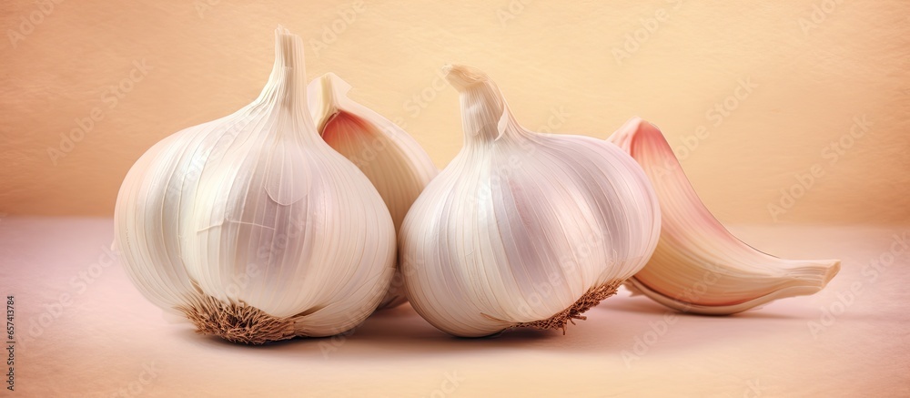 Aufkleber Raw garlic cloves isolated on a isolated pastel background Copy space with clipping path
