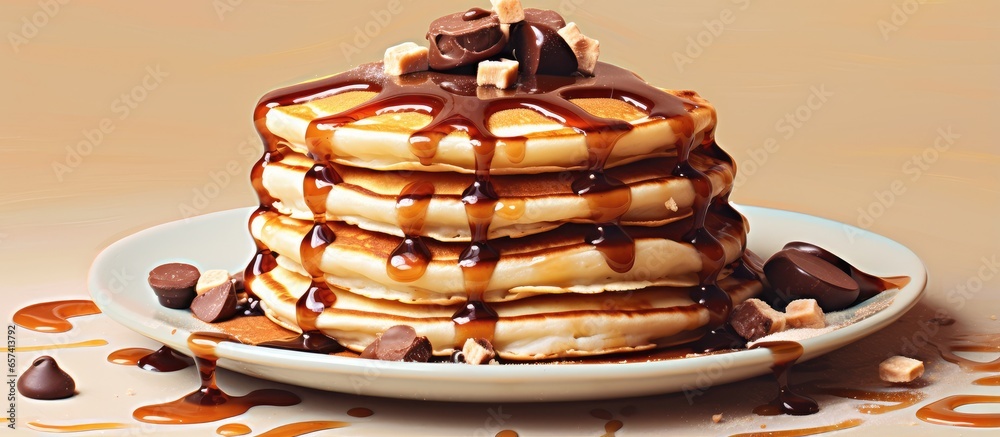 Poster stacked pancakes with chocolate syrup on isolated pastel background copy space
