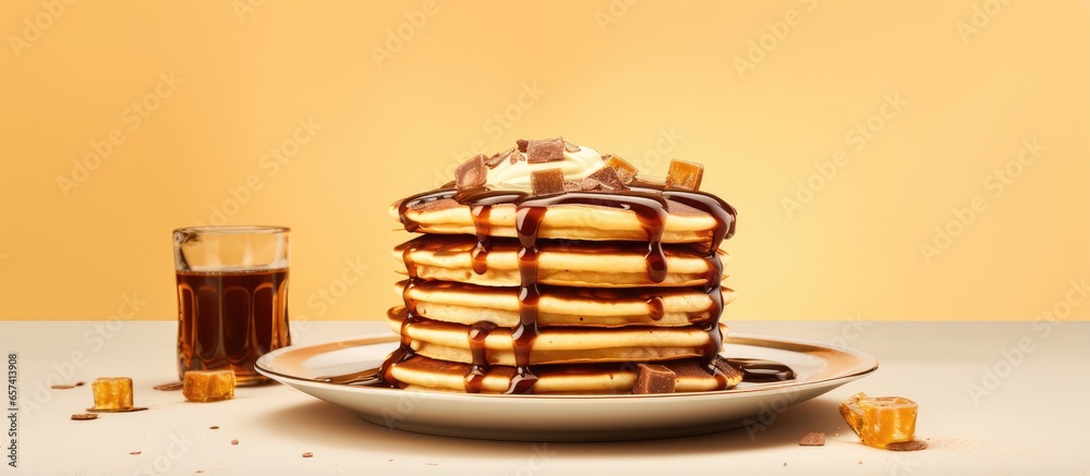Poster stacked pancakes with chocolate syrup on isolated pastel background copy space