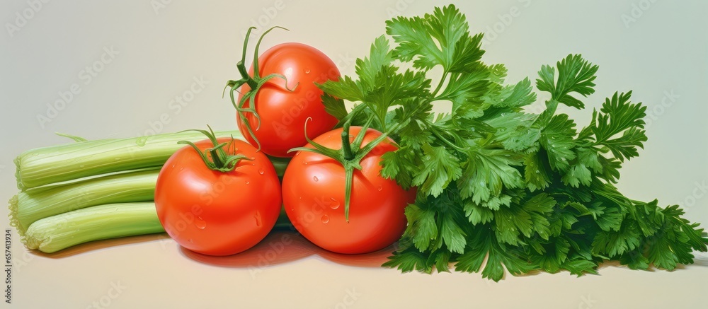 Wall mural Tomatoes and parsley isolated on a isolated pastel background Copy space as still life - Wall murals