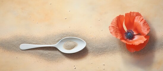 Seeds found in a spoon Poppy or Poste ka Dana isolated pastel background Copy space - obrazy, fototapety, plakaty